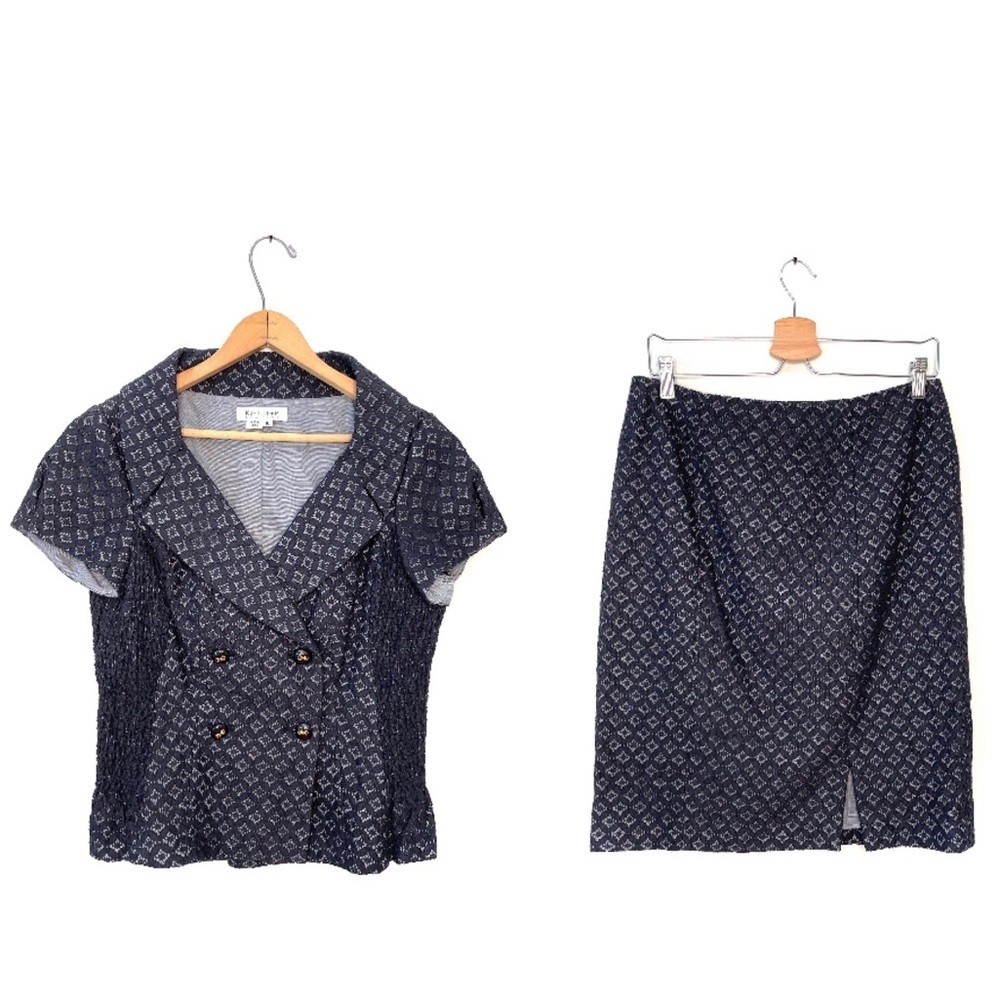 Kay Unger | Blue Lace Short Sleeve Blazer and Skirt 2 Piece Set